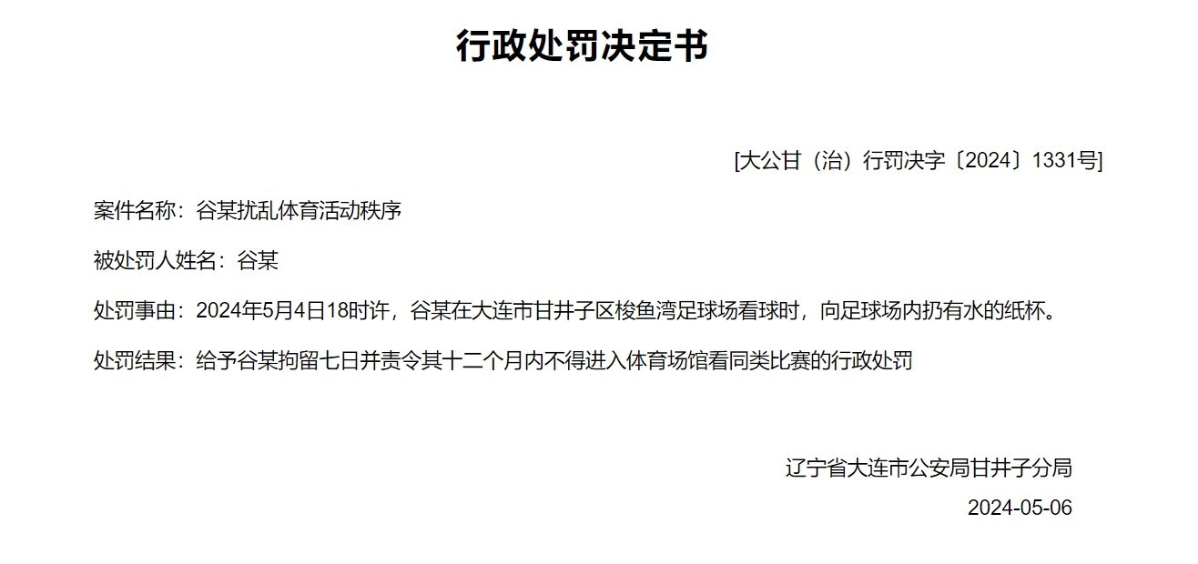 寻衅滋事、扰乱秩序，两球迷被拘留10日